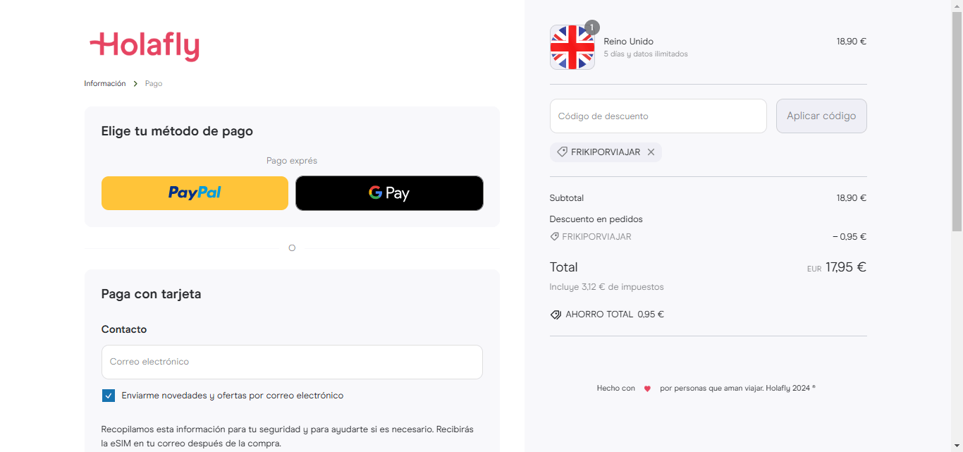 Aplicar cupón descuento en Holafly: FRIKIPORVIAJAR